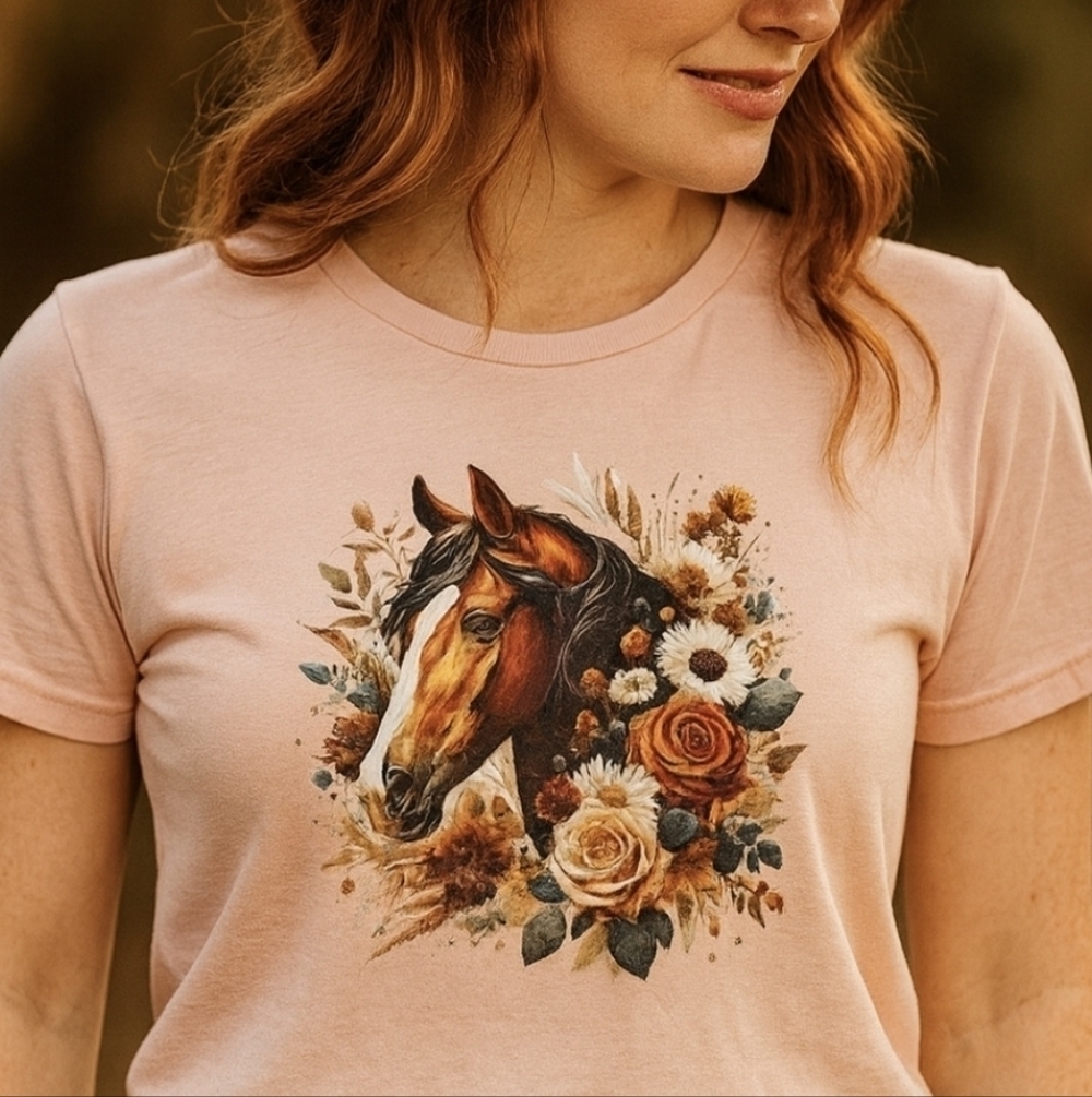 Horse Floral Graphic Tee • Western Cowgirl Shirt • Peach Boho Country Top
